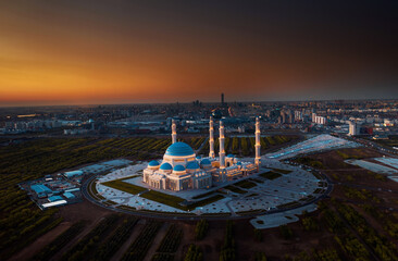 Aerial view of Grand Mosque of Astana in Kazakhstan during beautiful sunset