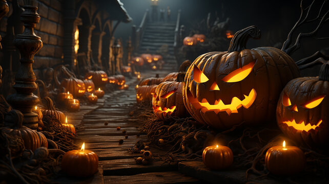 It's Halloween, trick or treating? perfectly carved pumpkins of all sizes and kids wanting to party with treats
