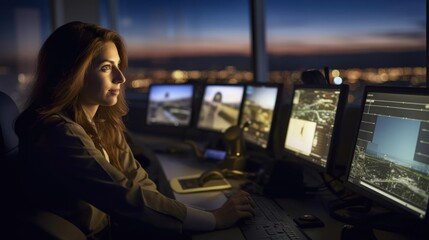 Woman working as air traffic controller. Female sitting at airport control tower