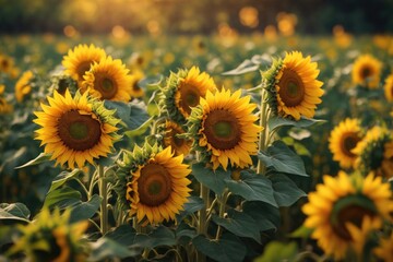 Beautiful sunflower flower blooming in sunflowers field with white cloudy and blue sky. - obrazy, fototapety, plakaty