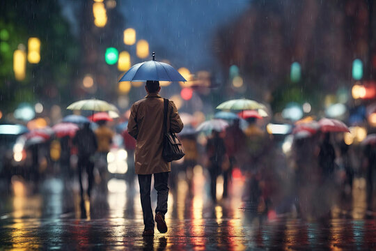 A people with an umbrella in the rain evening city trafic
