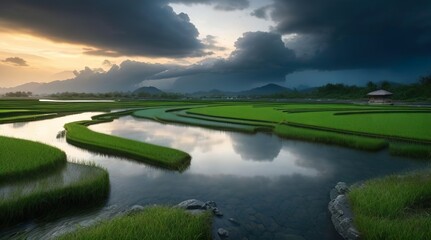 Rivers and Granite - Tranquil Rice Fields Amidst Stormy Skies