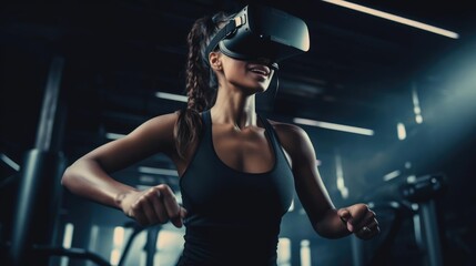 Fototapeta na wymiar Young woman engages in a virtual reality fitness activity using a VR headset and controllers in a digital studio setting