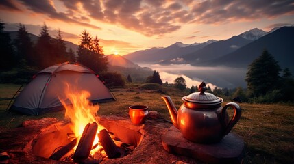 Sunset Campfire Bliss - Teapot, Tent & Mountain Backdrop, generative Ai