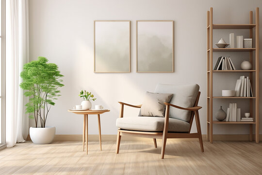 a modern living room with a chair and shelves, in the style of soft brushwork, generative AI