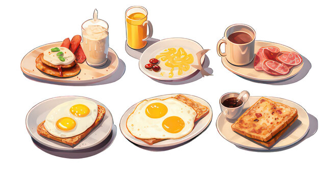 Breakfast items with toast, fried eggs, ham, orange juice, coffee and milk isolated on white created with Generative AI