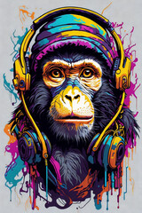 monkey-animal-colorfull-graffiti-neon-png,-Sublimate-Designs-for-shirt,-music-earphones