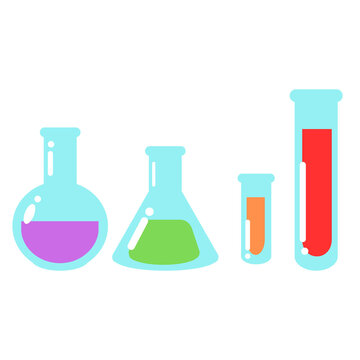 Laboratory equipment. Collection of test tubes and flasks with colorful liquid.