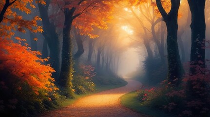 Path of Misty Enchantment - Sunset's Embrace in the Enchanted Forest