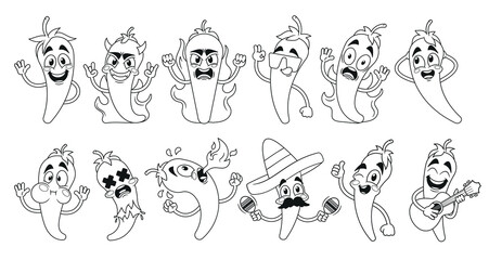 Outline Hot Mexican Peppers, Cartoon Jalapeno Characters With Spicy And Fiery Personalities, Vector Illustration