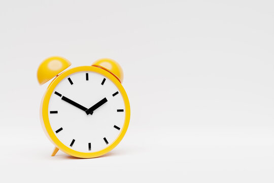 3d Illustration of a  yellow  alarm clock double bells in on a white  background. Conceptual image of an alarm clock, rendered 3d