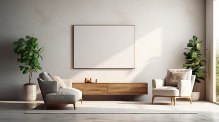 Front view of a modern minimalist scandi living room. White wall with poster template, commode, comfortable armchairs, green plants in pots. Home decor. Mockup, 3D rendering.