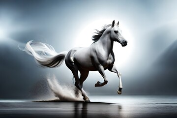 Obraz na płótnie Canvas White horse run forward in dust on dark background generated by AI tool