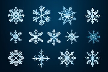 Fototapeta na wymiar Snowflakes of different shapes. Background or blank for design. Seasonal decorations.