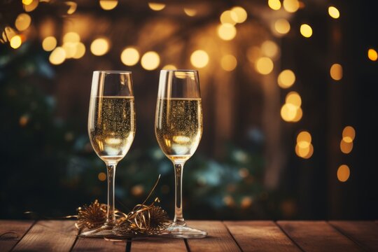 Glasses of champagne or sparkling wine in a festive atmosphere. Merry christmas and happy new year concept