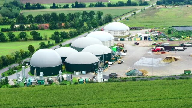 Aerial view of the digesters bulging with methane gas at a large biogas plant in Germany