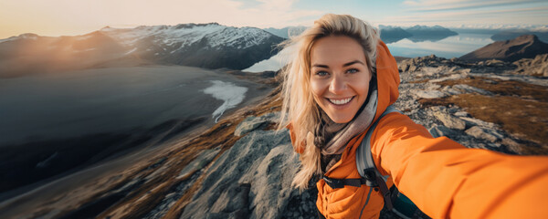 Young hiker woman taking self portrait on the top of mountain
