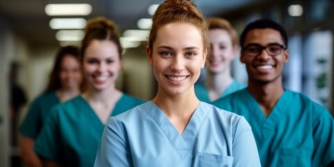 Portrait of young female doctor, nurse, with diverse colleagues in the background
