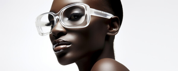 Black and white close-up beauty portrait of a young African American woman wearing glasses on a white background