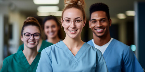 Portrait of young female doctor wearing glasses, nurse, with diverse colleagues in the background - 639925395