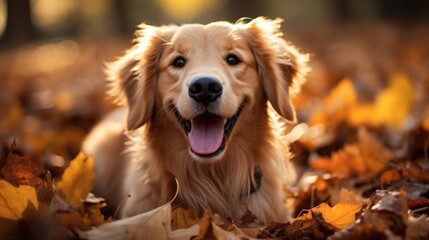 Golden retriever dog playing among fallen leaves in autumn.