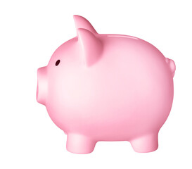 Pink piggy bank isolated on white or transparent background. Money saving concept
