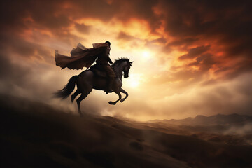 horse in the Arabian desert at sunset, giant round sun, side angle, scattering flying huge dust, hyper realistic, dramatic light and shadows, sun behind the storm clouds