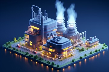 A 3d isometric render illustration of a power plant or oil refinery factory