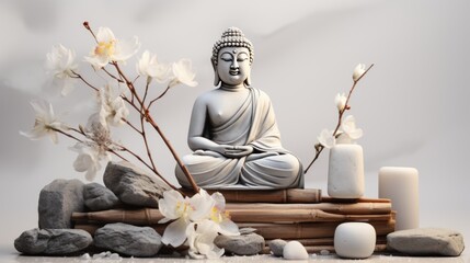 Stone statuette of Buddha and a few stones for meditation next to it.