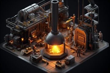 A 3d isometric game asset design of a factory and foundry for melting iron and metal - obrazy, fototapety, plakaty
