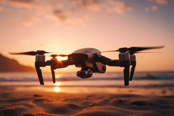 drone fly on above beach at sunset 