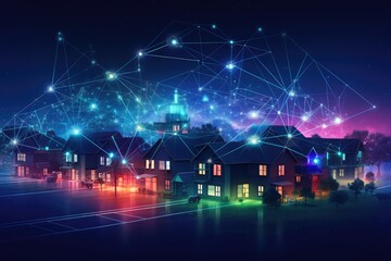 Digital community smart homes connected by wire lines - obrazy, fototapety, plakaty