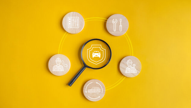 insurance, asset, repair, financial, engineer, investment, protect, care, service, garage. middle of picture has magnifier to select car insurance plan and service, explore the best insurance.