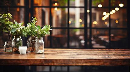 Empty wooden tables with decorative flower vases against the blurred background of the cafe in classic tones.