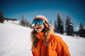 Fototapeta na wymiar Beautiful woman smiling at the ski resort.