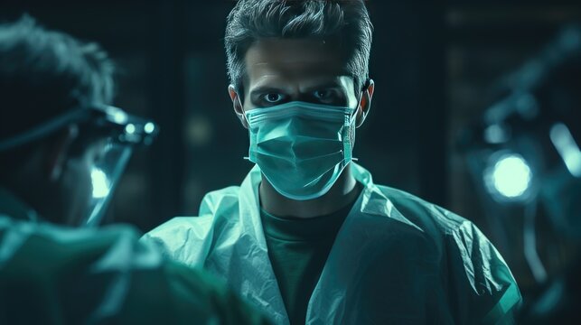 Close-up Shot Of Male Doctor Wearing Mask.