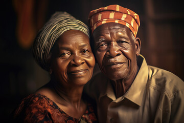 Obraz na płótnie Canvas african elderly couple feeling happy smiling and looking to camera while relax in living room at home. Generative Ai