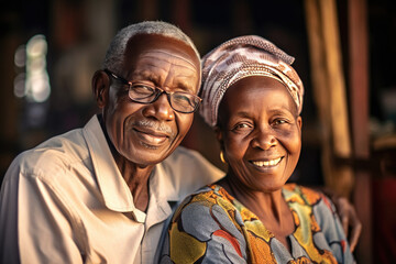 african elderly couple feeling happy smiling and looking to camera while relax in living room at home. Generative Ai