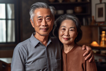 Fototapeta premium Asian elderly couple feeling happy smiling and looking to camera in living room at home. Generative Ai