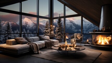 Interior of cozy living room in modern luxury chalet with Christmas decor. Blazing fireplace, burning candles, comfortable corner sofa, panoramic window with forest and mountains view.
