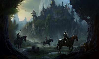 Fantasy world background design with castle and knight horse