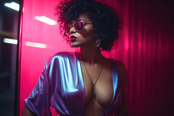 Beautiful ebony woman in disco style with neon light.