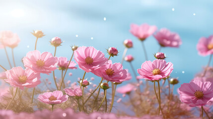 Graceful Pink Blooms: Field of Delicate Pink Flowers Amidst a Softly Blurred Backdrop - Captivating Nature's Beauty