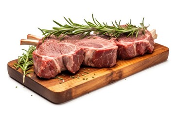grilled lamb chops on wooden board isolated white background 