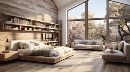 Interior of spacious bright bedroom in rustic cottage. Natural colors, wooden elements of decoration, bookshelf at the head of bed, panoramic windows with stunning winter forest view. 3D rendering.