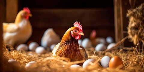 A hen is producing eggs within a chicken coop located at a bio farm.