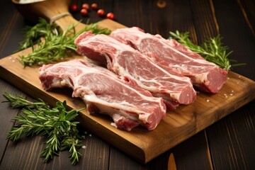 Fototapeta premium raw beef meat on wooden board isolated on black background