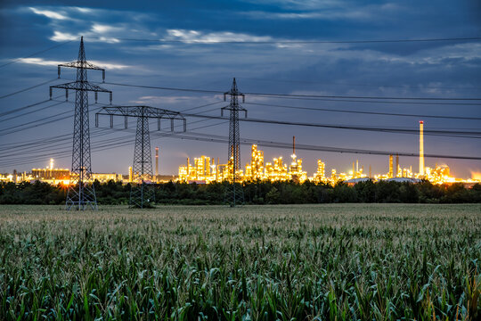A view of the industrial plant near Leuna at night
