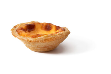 Cream cake or Pasteis de Belem, isolated on white background. Portuguese food concept.