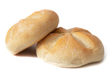 Two buns, isolated on a white background. A soft and airy pastry, golden-brown on the outside and tender on the inside, perfect for a delightful treat any time of day.